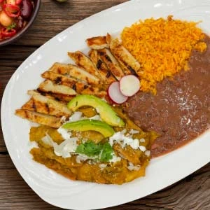 rice, beans and chicken